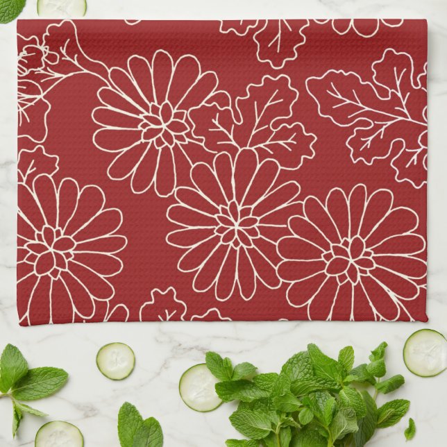 Dunkelrotes Sahneblumenküchen-Stoff-Tuch Küchentuch (Gefaltet)