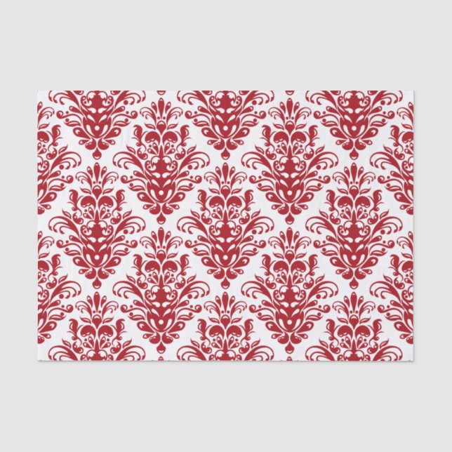 Dunkelrotes und weißes elegantes Damast-Muster Seidenpapier (Vorderseite)