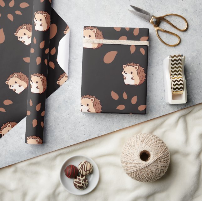 Dunkelschwarzer Herbst-Igel Nahtloses Wrapping Pap Geschenkpapier (Kunsthandwerk)