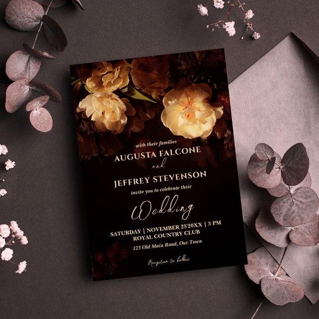 Dunkeltraurige Vintage Eleganz in einer Hochzeit Einladung (Dark moody vintage roses floral elegant all in one wedding invitation template instant download)