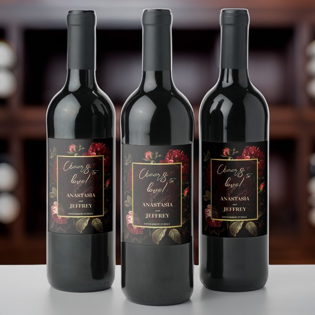 Dunkeltraurige Vintage Rose gotische Hochzeit Weinetikett (Dark moody vintage roses gothic wedding personalized printed wine label cheers to love wine labels)