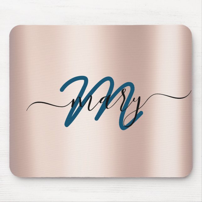 Dunkeltürkis. Blue Rose Minimal Name Monogram. Lux Mousepad (Vorne)