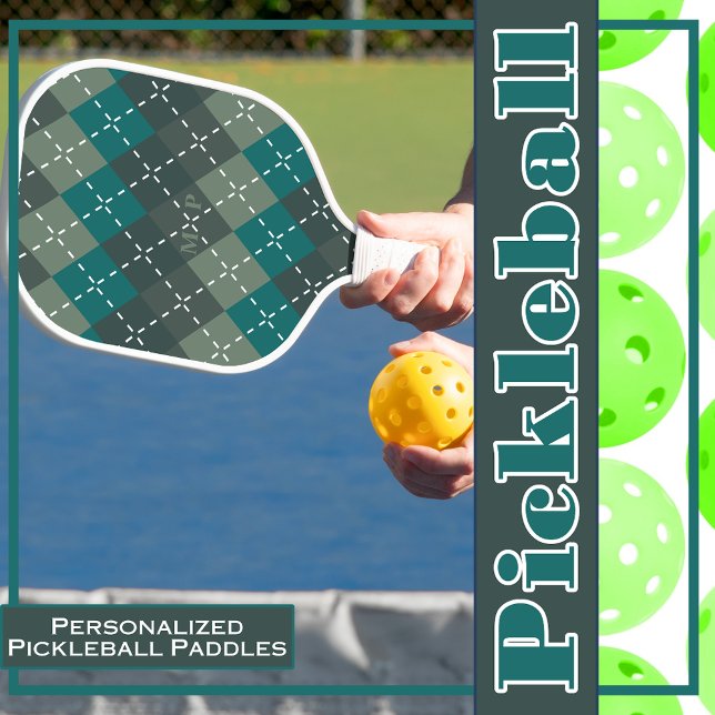 Dunkeltürkis und graue Raute mit weißem Stitchin Pickleball Schläger (Von Creator hochgeladen)