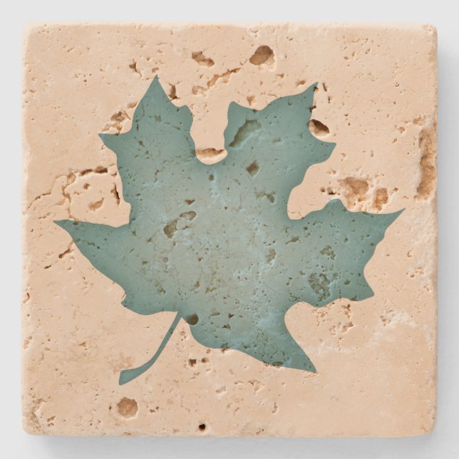 Dunkeltürkisfarbenes Leaf auf Creme Steinuntersetzer (Vorderseite)