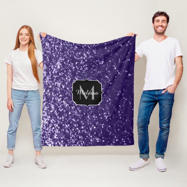 Dunkelviolett, lila Glitzer Glitzern Monogram Fleecedecke (Beispiel)