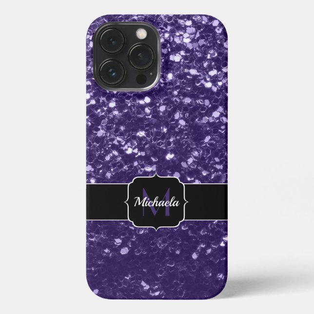 Dunkelviolett, lila Glitzer Glitzern Monogram iPhone 13 Pro Max Hülle (Rückseite)