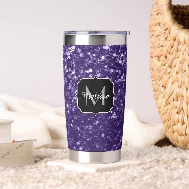 Dunkelviolett, lila Glitzer Glitzern Monogram Thermobecher (Wohnzimmer)