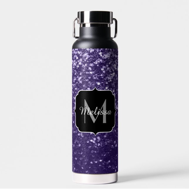 Dunkelviolett, lila Glitzer Glitzern Monogram Trinkflasche (Vorne)