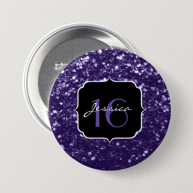 Dunkelviolett lila Glitzer Glitzern Sweet 16 Button (Vorne & Hinten)