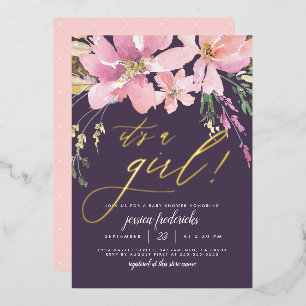 Dunkelviolett und Gold Es ist ein Mädchen Florale Folieneinladung