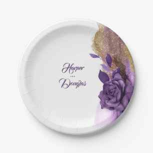 Dunkelviolett und Gold Glitter Blumen Modern Pappteller