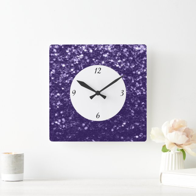 Dunkelviolette lila Glitzer funkeln mit Zahlen Quadratische Wanduhr (Zuhause)