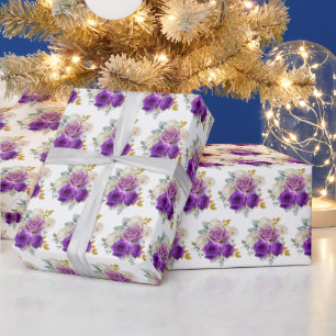 Dunkelviolette und goldene elegante Blumen Geschenkpapier