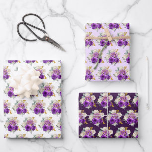 Dunkelviolette und goldene elegante Blumen Geschenkpapier Set