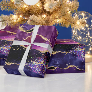 Dunkelviolette und goldene Glitterpailletten Achat Geschenkpapier