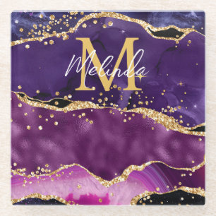 Dunkelviolette und goldene Glitterpailletten Achat Glasuntersetzer