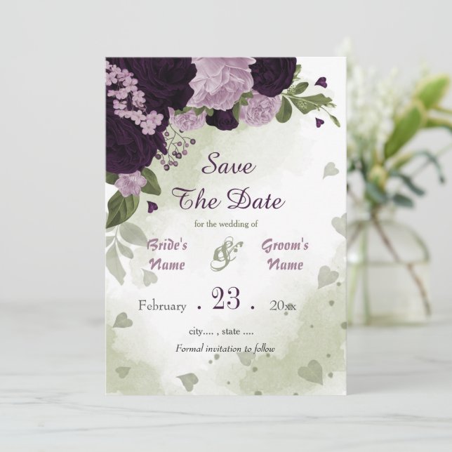 dunkelviolette und hellviolette Blätter botanica Save The Date (Stehend Vorderseite)