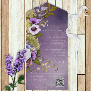 Dunkelviolette und Salbeigrüne moderne Blumen-QR-C All In One Einladung