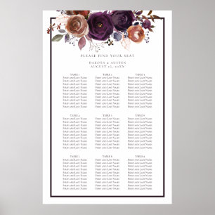 Dunkelviolette und weiße florale Hochzeitssitzordn Poster