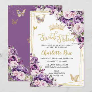 Dunkelvioletter Flieder-Rosé-Blüten-Rosen Sweet 16 Einladung