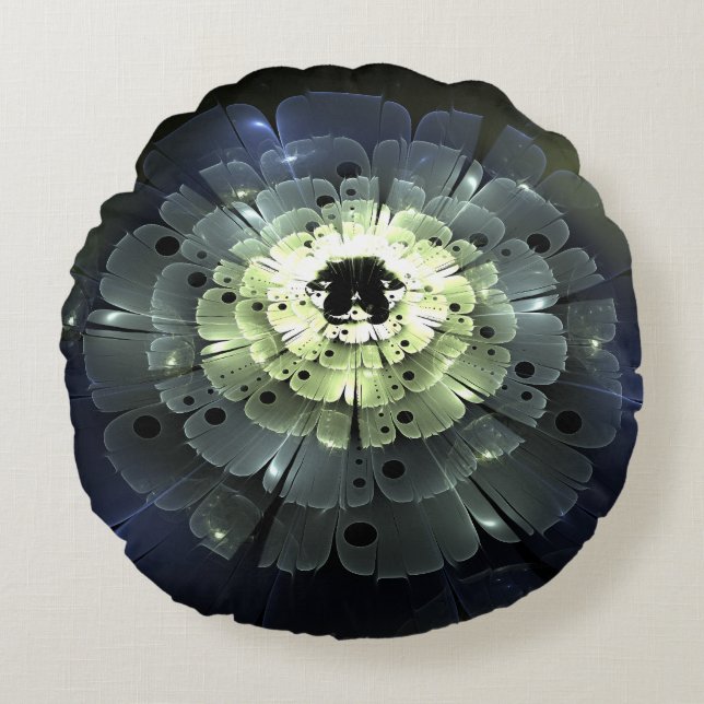 Dunkle Abstrakte Fraktal-Blume Rundes Kissen (Vorderseite)