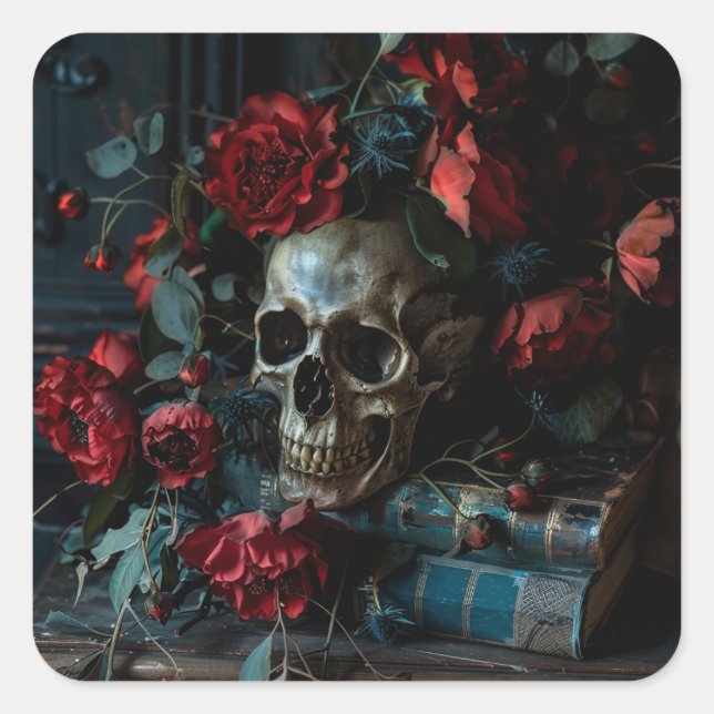 Dunkle Academia Skull-Blume Quadratischer Aufkleber (Vorderseite)