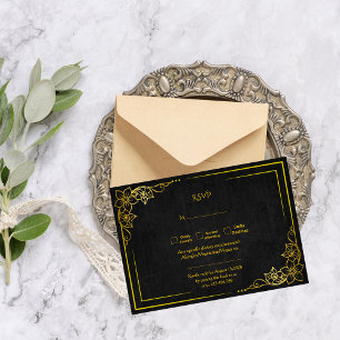Dunkle Akademie-Gotik Schwarze Gold Elegante Hochz RSVP Karte