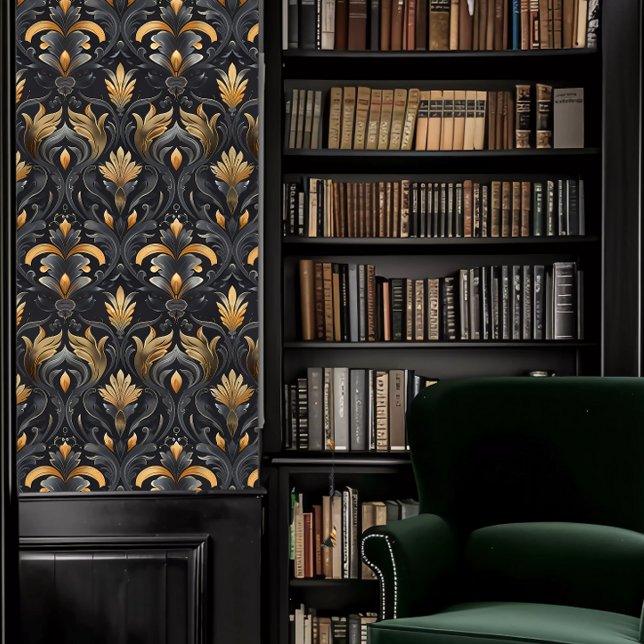 Dunkle Akademie Grau und Gold Moody Dekorativ Tapete (Dark Academia Gray and Gold Moody Decorative Wallpaper in a library.)