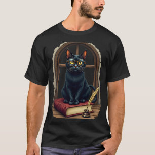 Dunkle Akademie-Katzen-Lesebrille Feder Bibliothek T-Shirt
