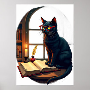 Dunkle Akademie-Katzenbrille Lederbuch Federwaage Poster