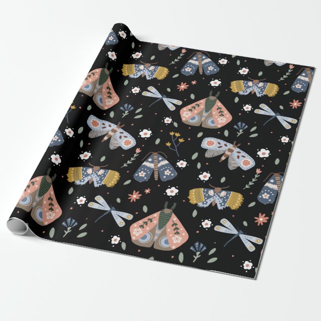 Dunkle Akademie Moth Floral in Schwarz Geschenkpapier (Ungerollt)