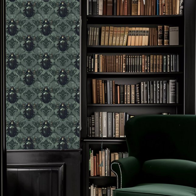 Dunkle Akademiekäfer Tapete (Dark Academia Beetles Wallpaper in a library.)