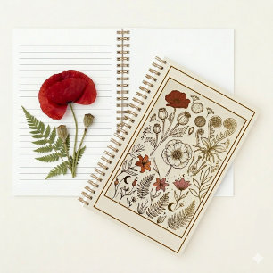 Dunkle Akademische Vintage-Botanische Mohnfarne Notizbuch