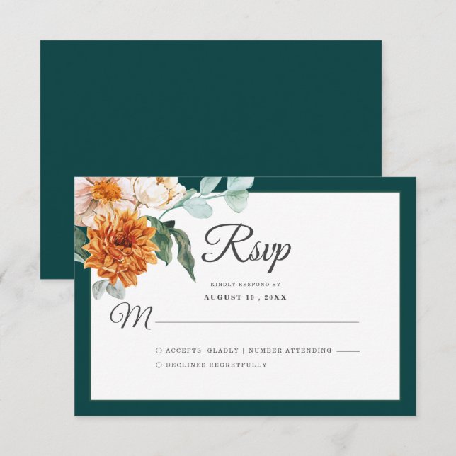 Dunkle Aquamarine Burnt Orange Rustikale Hochzeit  RSVP Karte (Vorne/Hinten)
