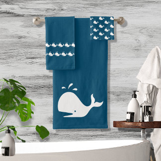 Dunkle Aquamarine Cartoon Whale Nautical Costal Badhandtuch Set