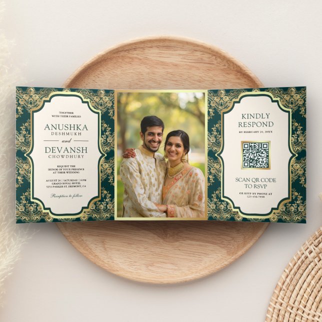 Dunkle Aquamarine Gold Lace QR Code Foto Indian We Dreifach Gefaltete Einladung (Von Creator hochgeladen)