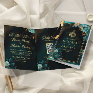 Dunkle Aquamarine Goldflora QR-Code für muslimisch Einladung