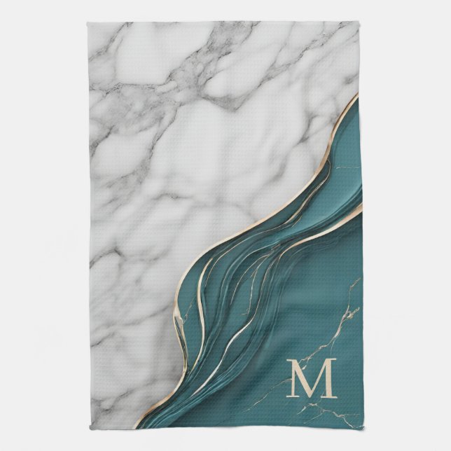 Dunkle, Aquamarine Goldmarmor aus elegantem Monogr Geschirrtuch (Vertikal)