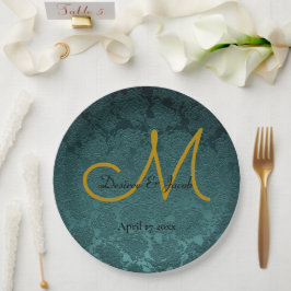 Dunkle Aquamarine Goldschwarz-Elegant-Hochzeitsmon Pappteller