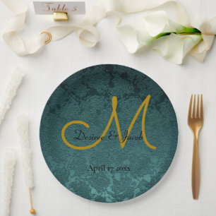 Dunkle Aquamarine Goldschwarz-Elegant-Hochzeitsmon Pappteller