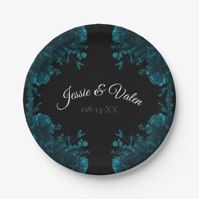 Dunkle Aquamarine Rose Hochzeitspapier-Teller Pappteller (Vorderseite)