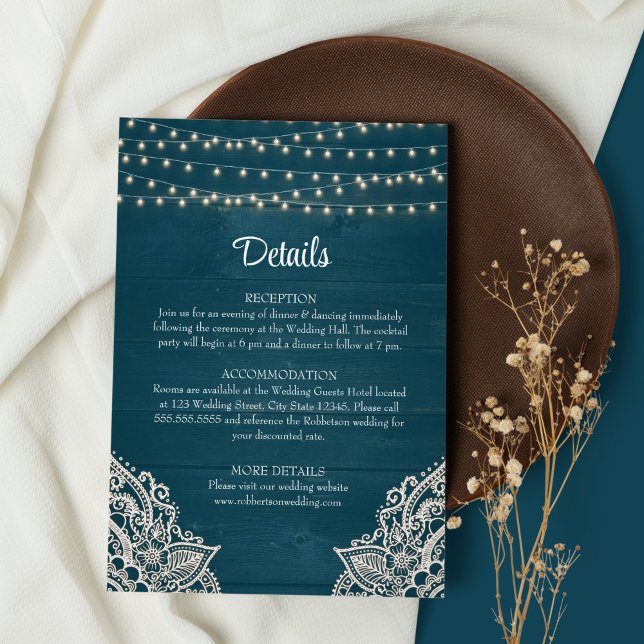 Dunkle Aquamarine rustikale Elegance - Hochzeitska Einladung (Dark Teal Wedding Details on brown and white background with dry wildflower)