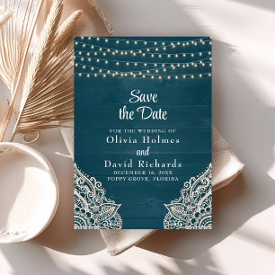 Dunkle Aquamarine rustikale String-Light-Save the Einladung