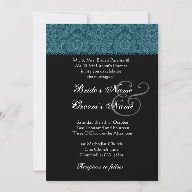Dunkle Aquamarine Schwarz-weiße Damask Hochzeitsei Einladung (Vorderseite)