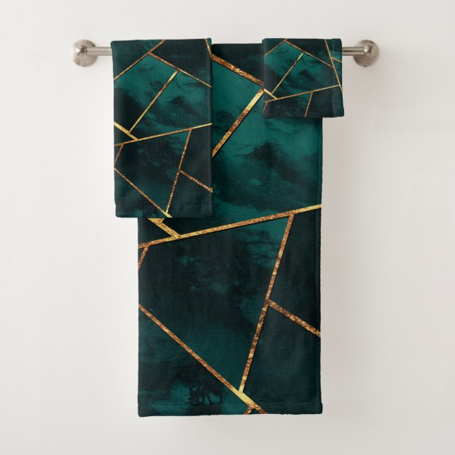 Dunkle Aquamarine Tinte Kupfer Gold Geometric Glam Badhandtuch Set (Insitu)