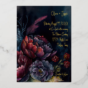 Dunkle Aquarell-Stimmungs-Hochzeit mit Blumen Folieneinladung