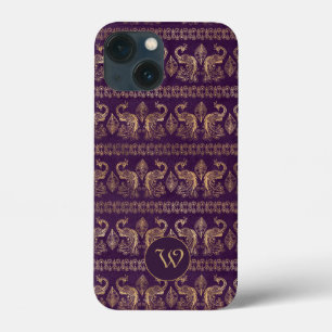 Dunkle Aubergine Goldene Vintage-Pfauen mit Monog Case-Mate iPhone Hülle