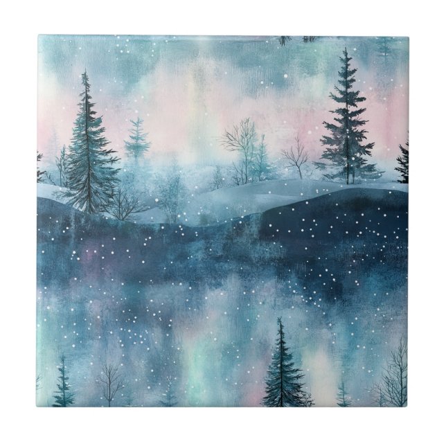 Dunkle Aurora Borealis Nacht Wald Fliese (Vorderseite)
