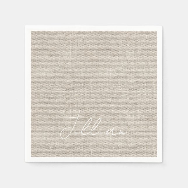 Dunkle Beige Linen Fabric White NAME Zeitlos Serviette (Vorderseite)