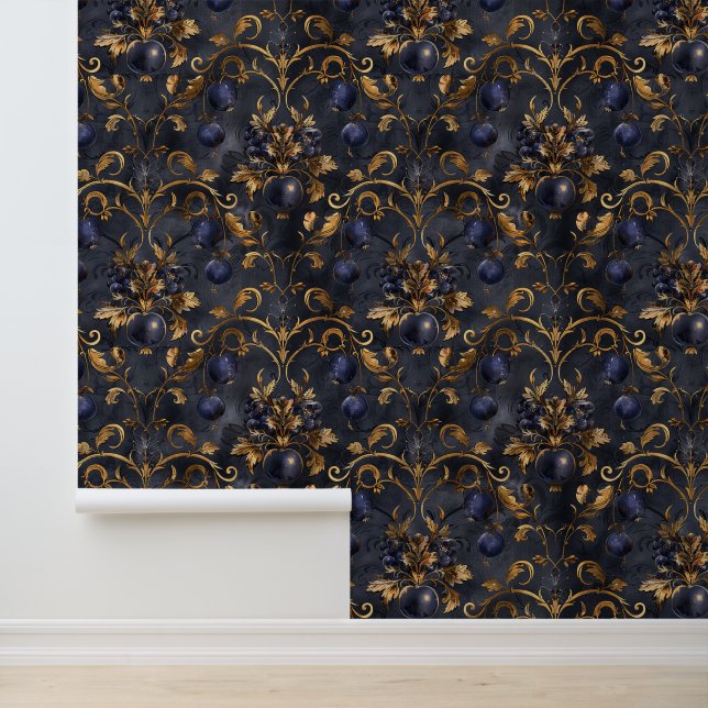 Dunkle blaue Berries Royal Damask Golden Blätter Tapete (Anwendung)